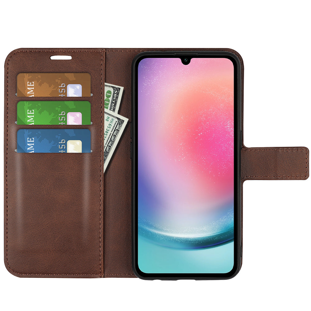 For Samsung Galaxy A16 5G / A16 4G Stand Case Anti-Scratch Calf Texture Leather Phone Cover - Brown