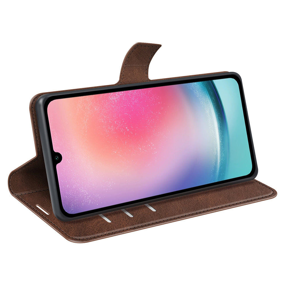 For Samsung Galaxy A16 5G / A16 4G Stand Case Anti-Scratch Calf Texture Leather Phone Cover - Brown