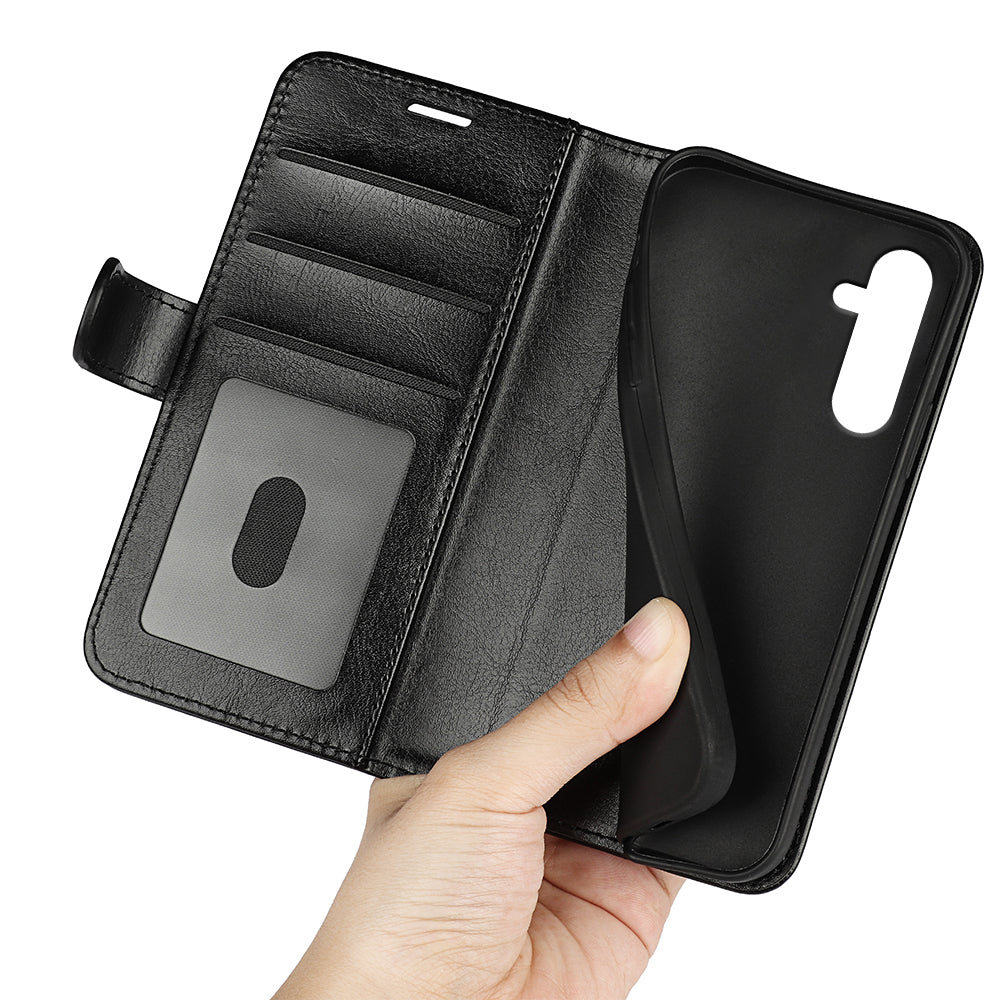 For Samsung Galaxy A16 5G / A16 4G Wallet Case Crazy Horse Texture Stand Leather Phone Cover - Black