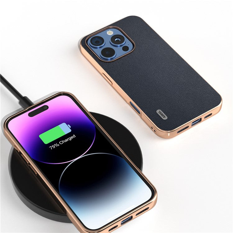 ABEEL For iPhone 16 Pro Case Electroplating Genuine Cow Leather PC Phone Cover - Blue