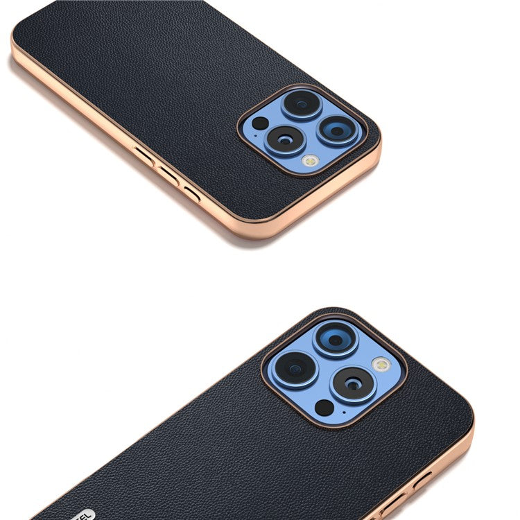 ABEEL For iPhone 16 Pro Case Electroplating Genuine Cow Leather PC Phone Cover - Blue