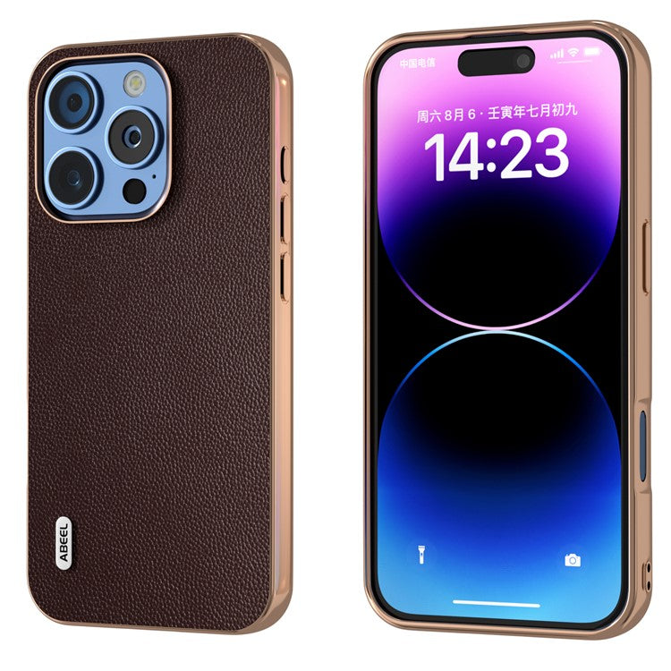 ABEEL For iPhone 16 Pro Case Electroplating Genuine Cow Leather PC Phone Cover - Coffee