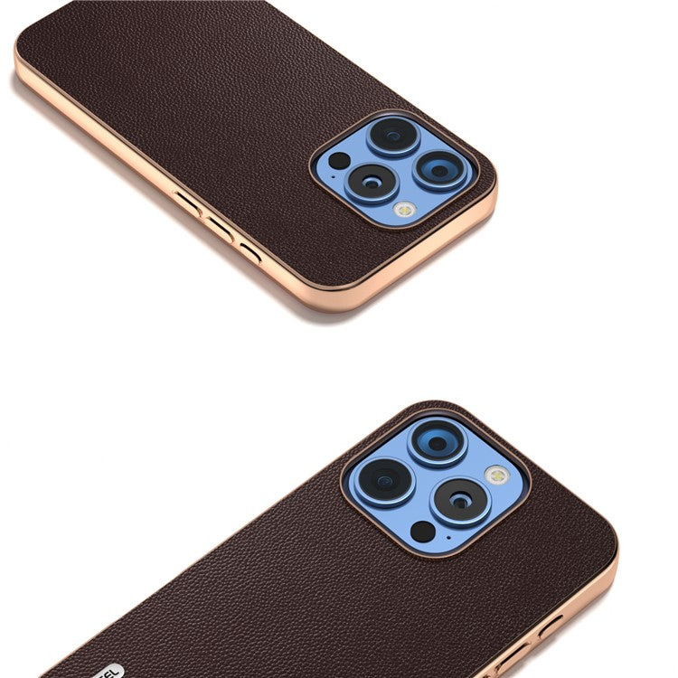 ABEEL For iPhone 16 Pro Case Electroplating Genuine Cow Leather PC Phone Cover - Coffee