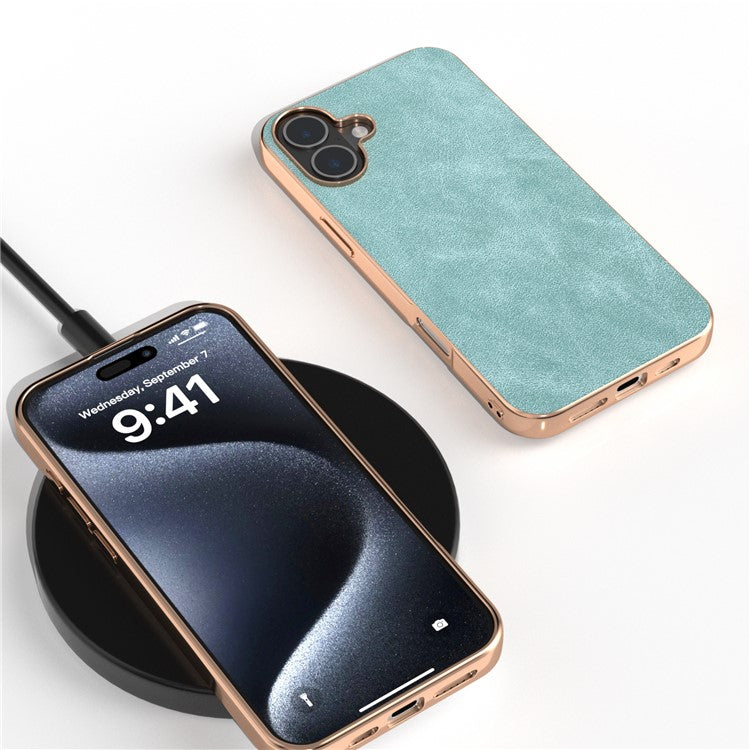 For iPhone 16 Case Electroplating PC Leather Shockproof Back Cover - Baby Blue