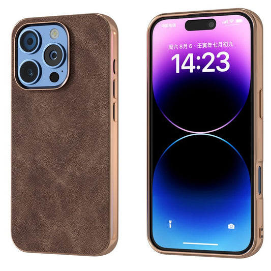 For iPhone 16 Pro Case Electroplating PC Leather Shockproof Back Cover - Brown