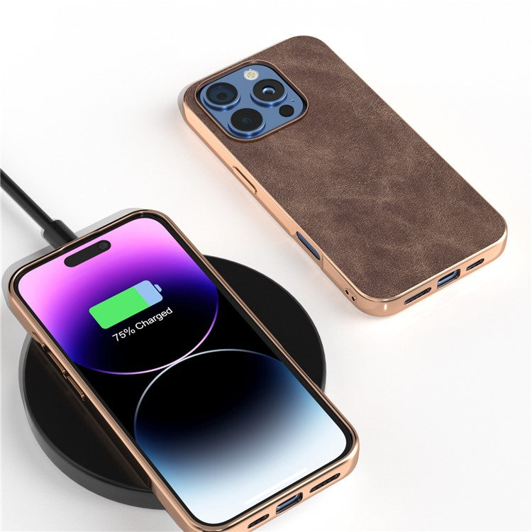For iPhone 16 Pro Case Electroplating PC Leather Shockproof Back Cover - Brown