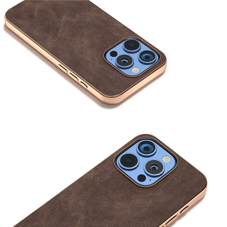 For iPhone 16 Pro Case Electroplating PC Leather Shockproof Back Cover - Brown