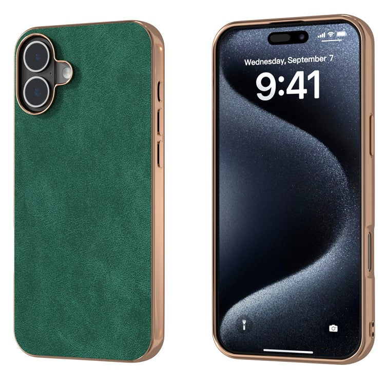 For iPhone 16 Plus Case Electroplating PC Leather Shockproof Back Cover - Green