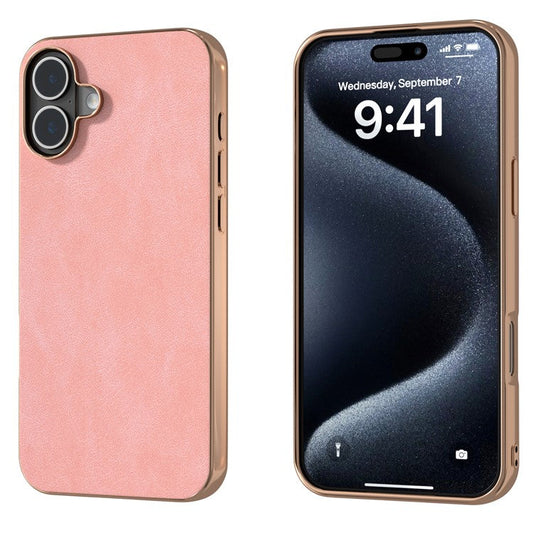 For iPhone 16 Plus Case Electroplating PC Leather Shockproof Back Cover - Pink