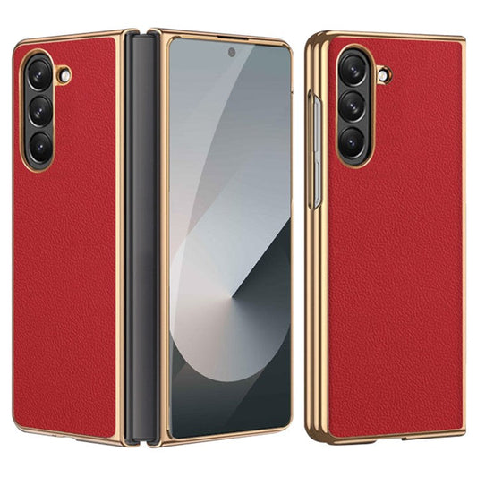 For Samsung Galaxy Z Fold6 5G Case Electroplating Frame PU Leather+PC Phone Cover - Red