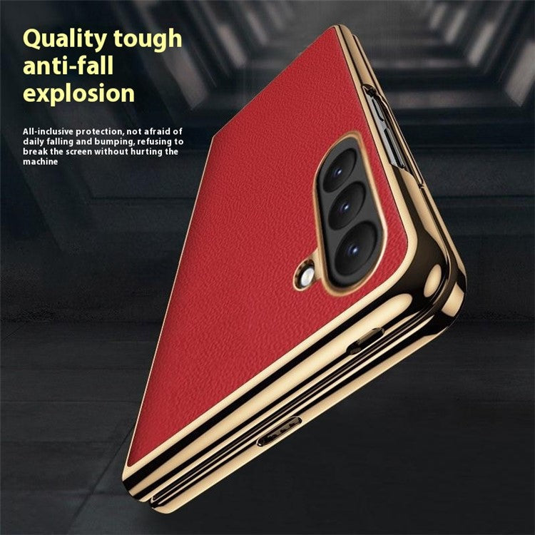 For Samsung Galaxy Z Fold6 5G Case Electroplating Frame PU Leather+PC Phone Cover - Red