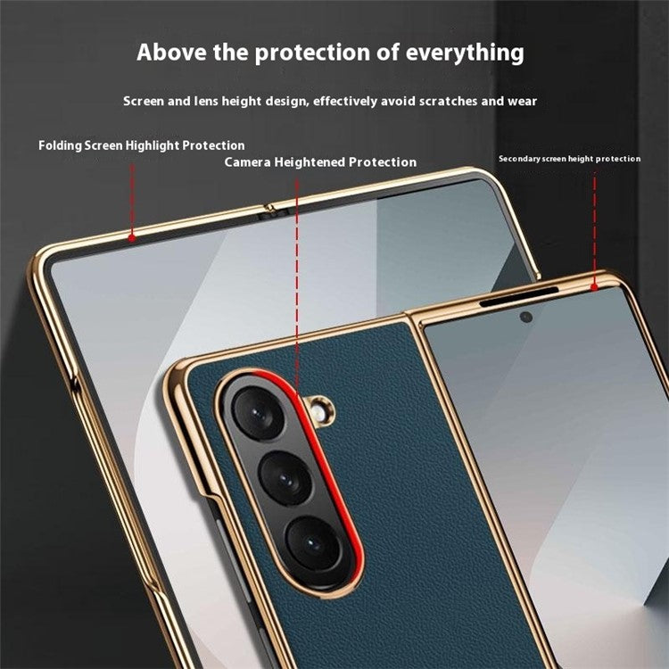 For Samsung Galaxy Z Fold6 5G Case Electroplating Frame PU Leather+PC Phone Cover - Red