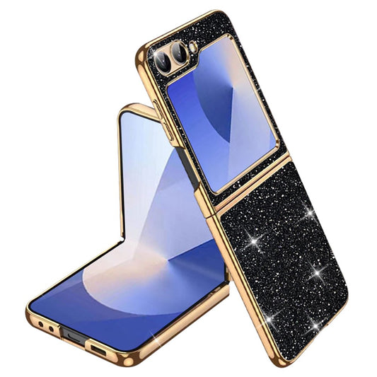 For Samsung Galaxy Z Flip7 FE 5G / Z Flip6 5G Case Leather+PC Electroplating Glitter Phone Cover - Black