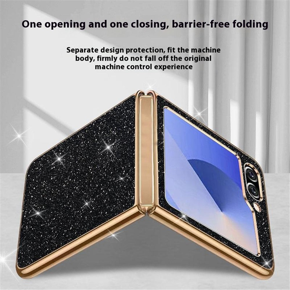 For Samsung Galaxy Z Flip7 FE 5G / Z Flip6 5G Case Leather+PC Electroplating Glitter Phone Cover - Black