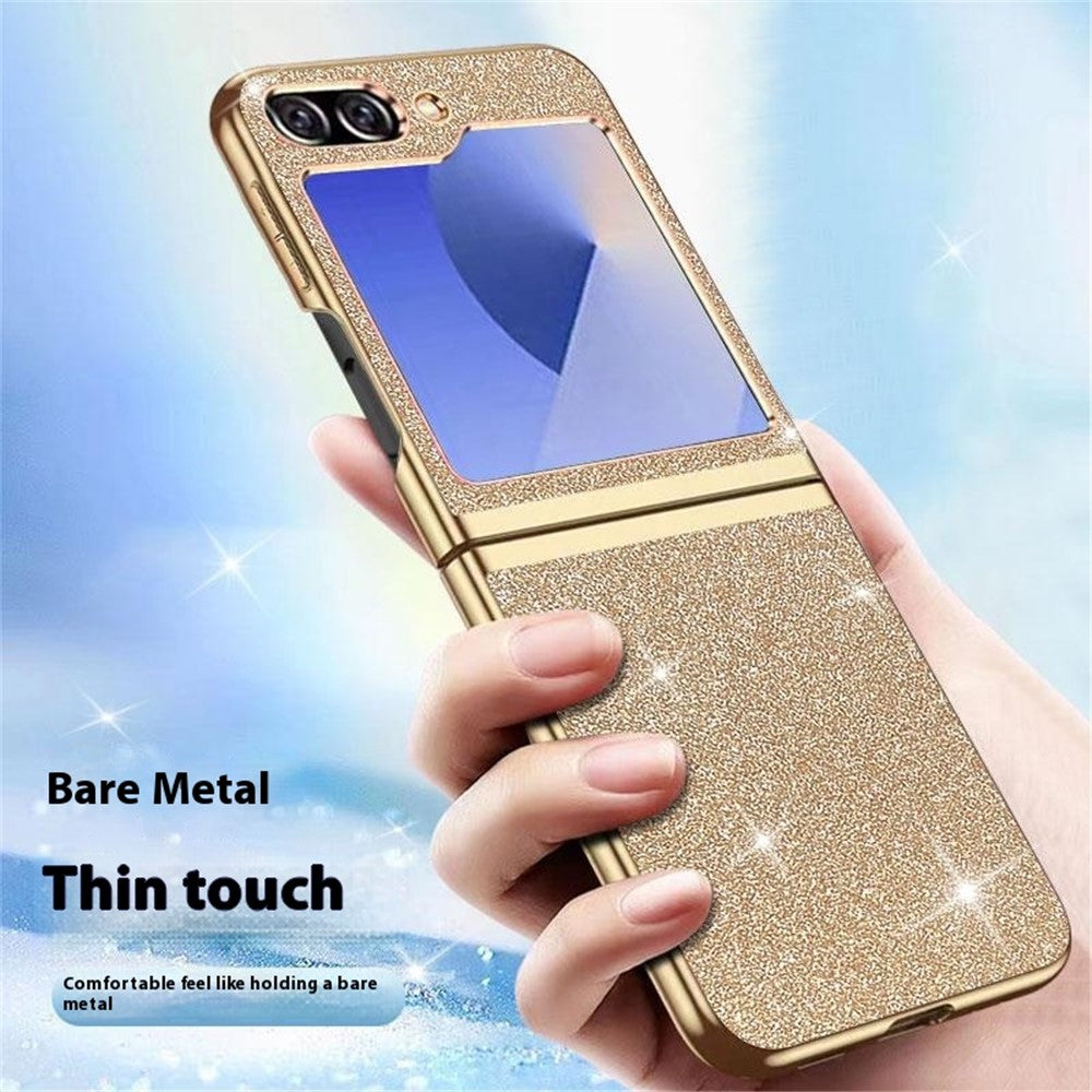 For Samsung Galaxy Z Flip7 FE 5G / Z Flip6 5G Case Leather+PC Electroplating Glitter Phone Cover - Black