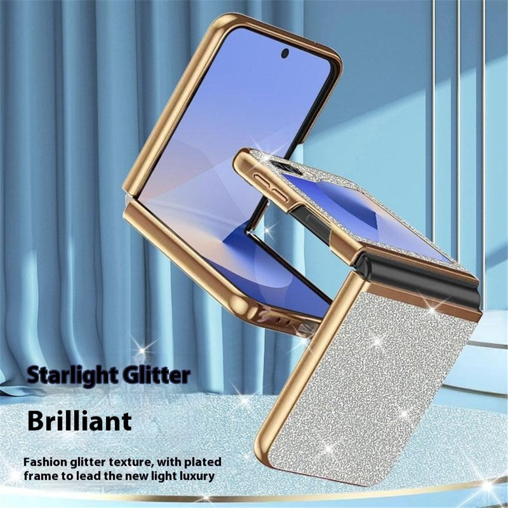 For Samsung Galaxy Z Flip7 FE 5G / Z Flip6 5G Case Leather+PC Electroplating Glitter Phone Cover - Black