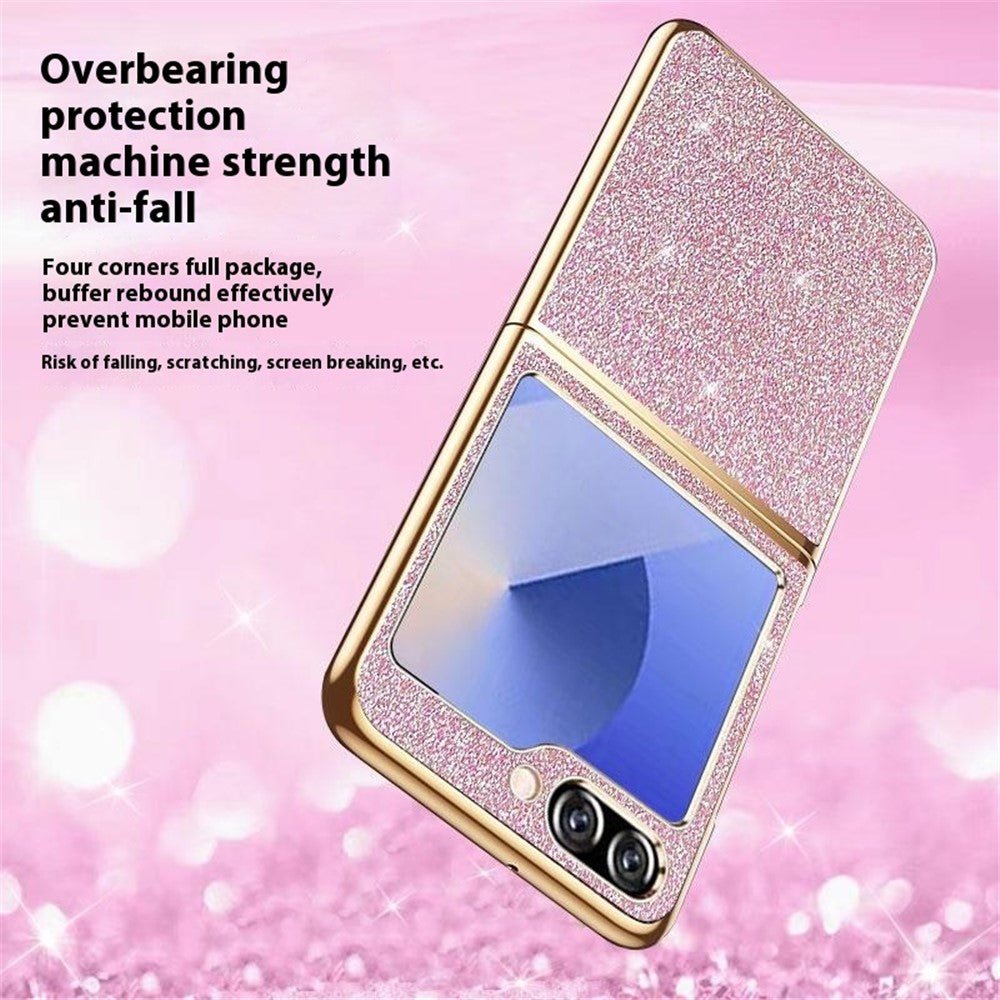 For Samsung Galaxy Z Flip7 FE 5G / Z Flip6 5G Case Leather+PC Electroplating Glitter Phone Cover - Black
