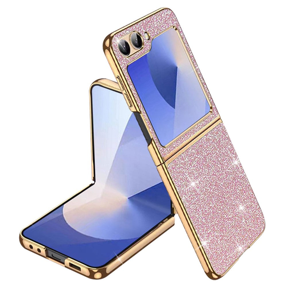 For Samsung Galaxy Z Flip7 FE 5G / Z Flip6 5G Case Leather+PC Electroplating Glitter Phone Cover - Pink