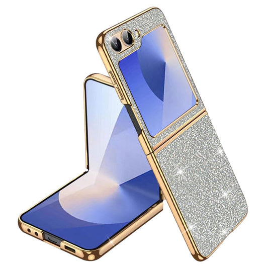 For Samsung Galaxy Z Flip7 FE 5G / Z Flip6 5G Case Leather+PC Electroplating Glitter Phone Cover - Silver