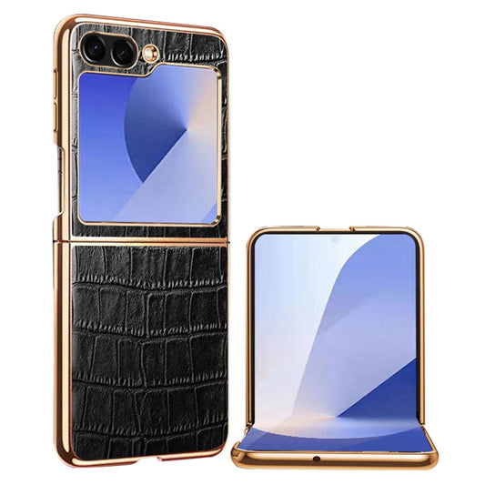 For Samsung Galaxy Z Flip7 FE 5G / Z Flip6 5G Case Crocodile Texture Genuine Cow Leather+PC Phone Cover - Black