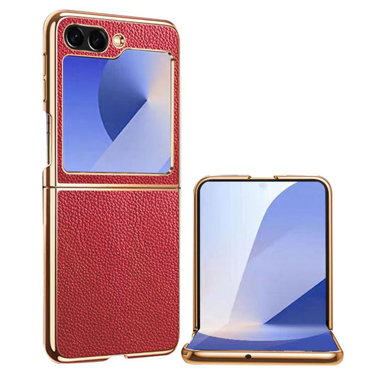 For Samsung Galaxy Z Flip7 FE 5G / Z Flip6 5G Case Litchi Texture Genuine Cow Leather+PC Phone Cover - Red