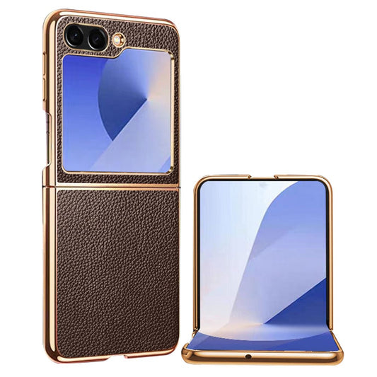 For Samsung Galaxy Z Flip7 FE 5G / Z Flip6 5G Case Litchi Texture Genuine Cow Leather+PC Phone Cover - Coffee