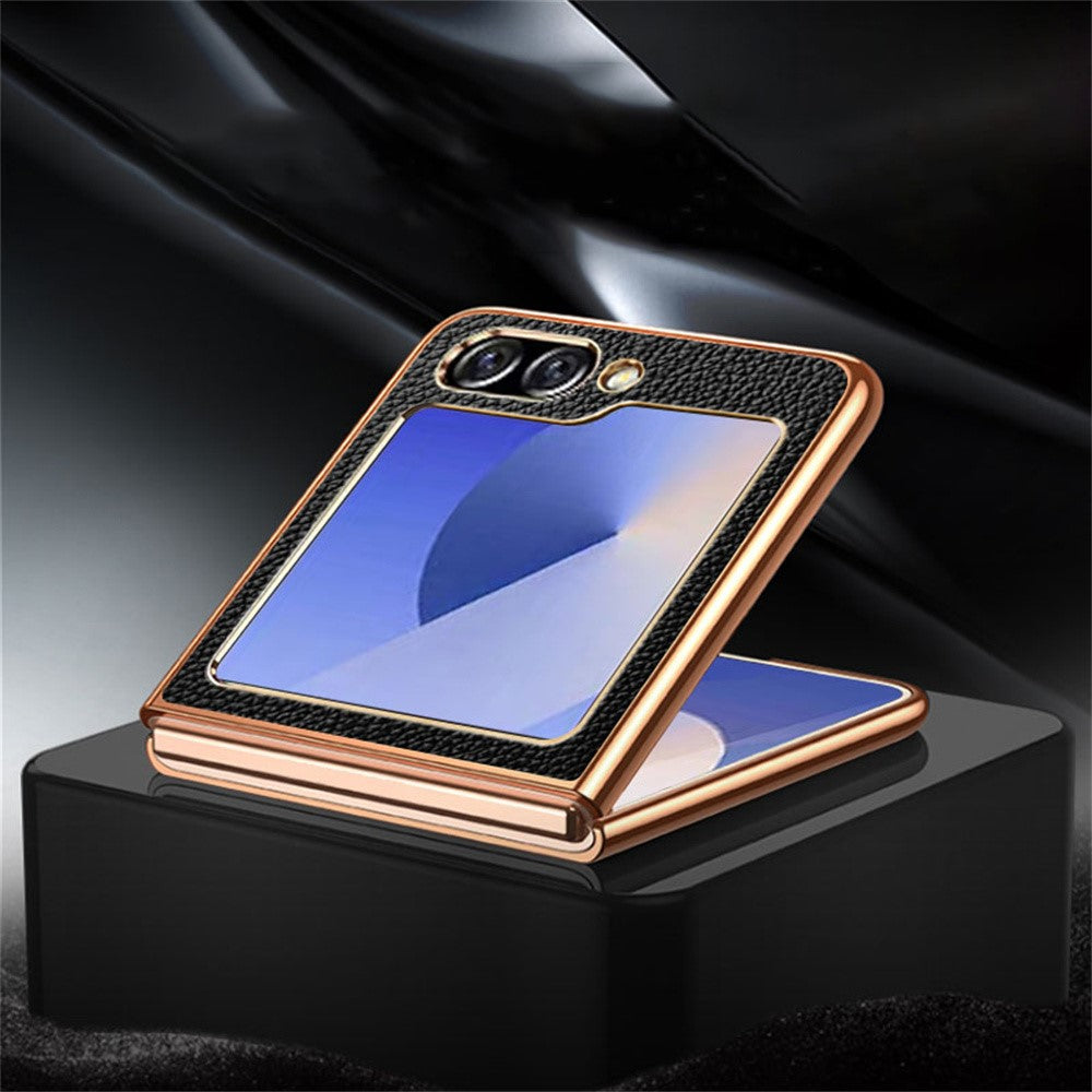 For Samsung Galaxy Z Flip7 FE 5G / Z Flip6 5G Case Litchi Texture Genuine Cow Leather+PC Phone Cover - Coffee