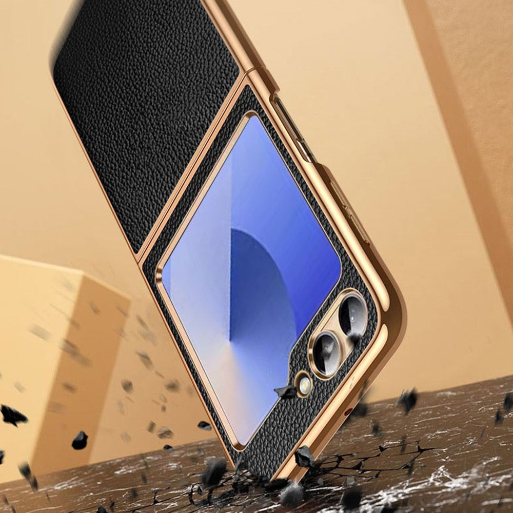 For Samsung Galaxy Z Flip7 FE 5G / Z Flip6 5G Case Litchi Texture Genuine Cow Leather+PC Phone Cover - Coffee