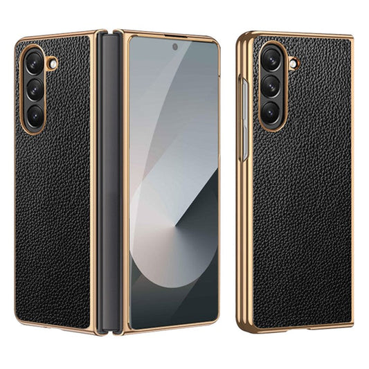 For Samsung Galaxy Z Fold6 5G Case Litchi Texture Genuine Cow Leather+PC Phone Cover - Black