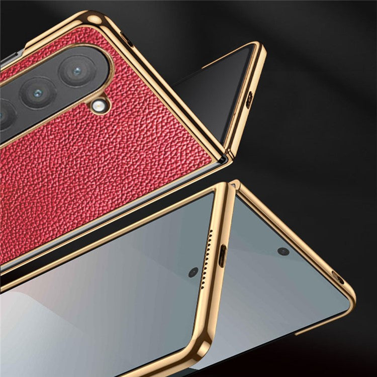 For Samsung Galaxy Z Fold6 5G Case Litchi Texture Genuine Cow Leather+PC Phone Cover - Black