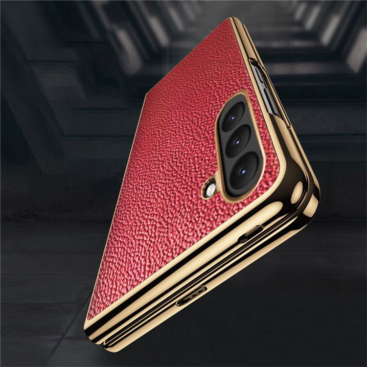 For Samsung Galaxy Z Fold6 5G Case Litchi Texture Genuine Cow Leather+PC Phone Cover - Black