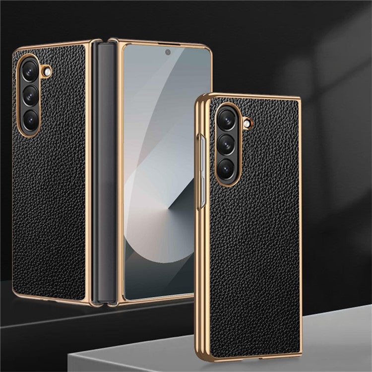 For Samsung Galaxy Z Fold6 5G Case Litchi Texture Genuine Cow Leather+PC Phone Cover - Black
