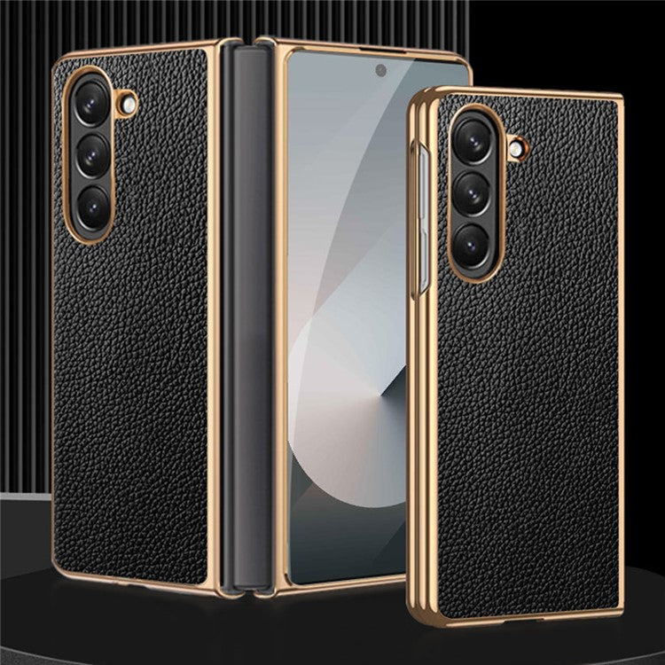 For Samsung Galaxy Z Fold6 5G Case Litchi Texture Genuine Cow Leather+PC Phone Cover - Black