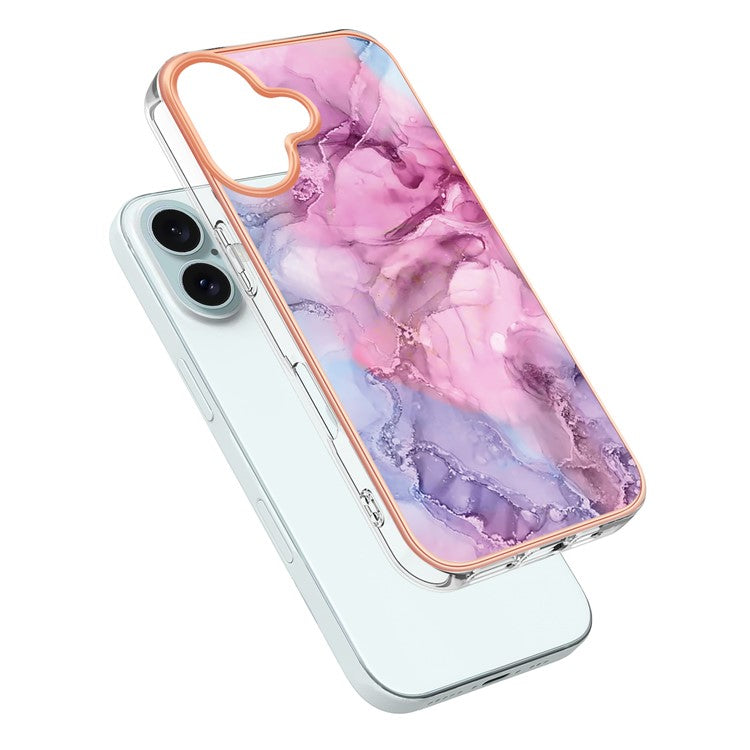 YB IMD Series-16 Style-E For iPhone 16 TPU Case Marble Pattern Electroplating Phone Cover - Rose