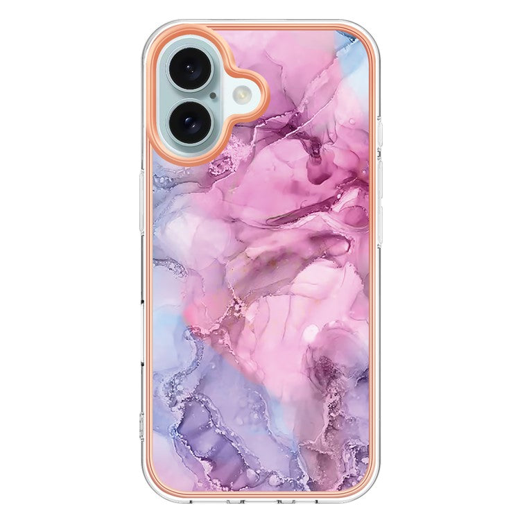 YB IMD Series-16 Style-E For iPhone 16 TPU Case Marble Pattern Electroplating Phone Cover - Rose