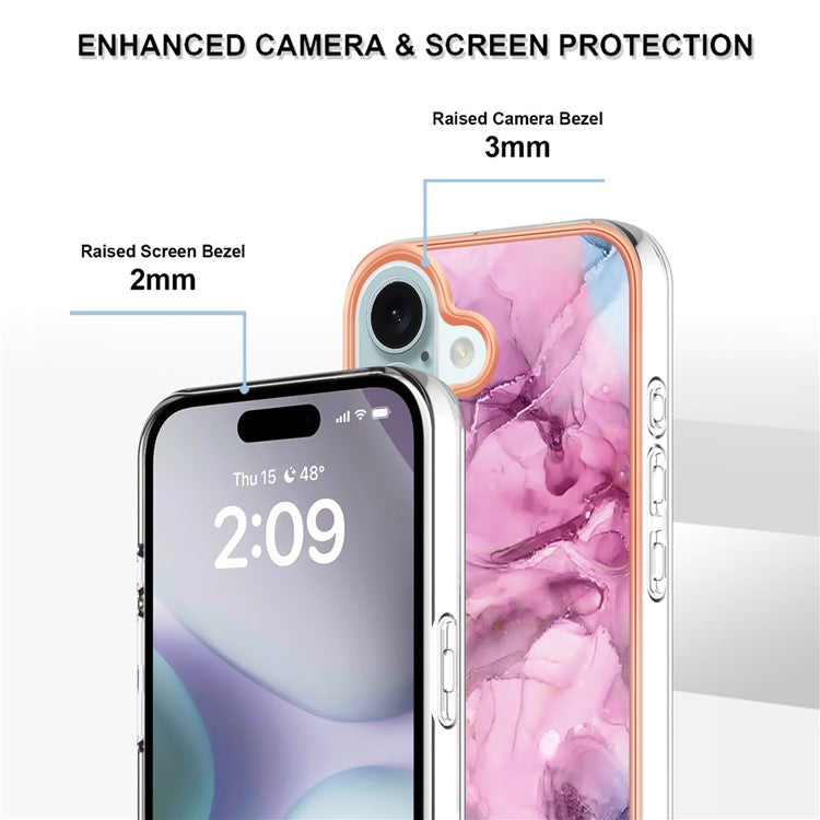 YB IMD Series-16 Style-E For iPhone 16 TPU Case Marble Pattern Electroplating Phone Cover - Rose