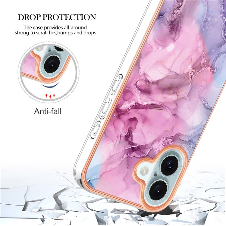YB IMD Series-16 Style-E For iPhone 16 TPU Case Marble Pattern Electroplating Phone Cover - Rose