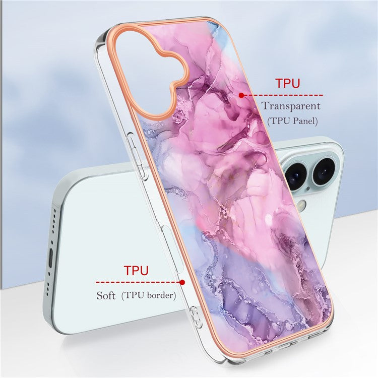 YB IMD Series-16 Style-E For iPhone 16 TPU Case Marble Pattern Electroplating Phone Cover - Rose