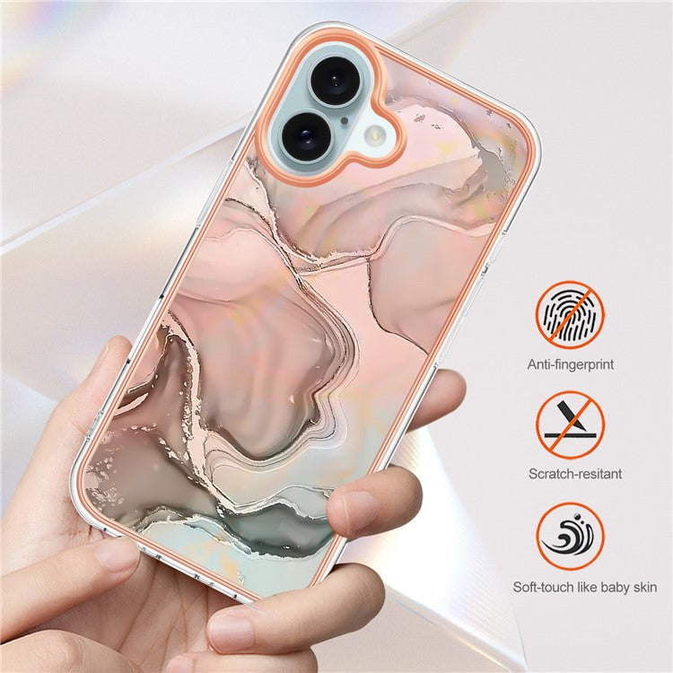 YB IMD Series-16 Style-E For iPhone 16 TPU Case Marble Pattern Electroplating Phone Cover - Rose