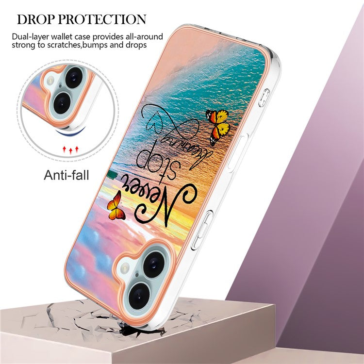 YB IMD Series-16 Style-E For iPhone 16 Case IMD Marble Flower Pattern TPU Phone Cover - Never Stop Dreaming