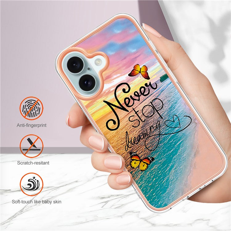 YB IMD Series-16 Style-E For iPhone 16 Case IMD Marble Flower Pattern TPU Phone Cover - Never Stop Dreaming