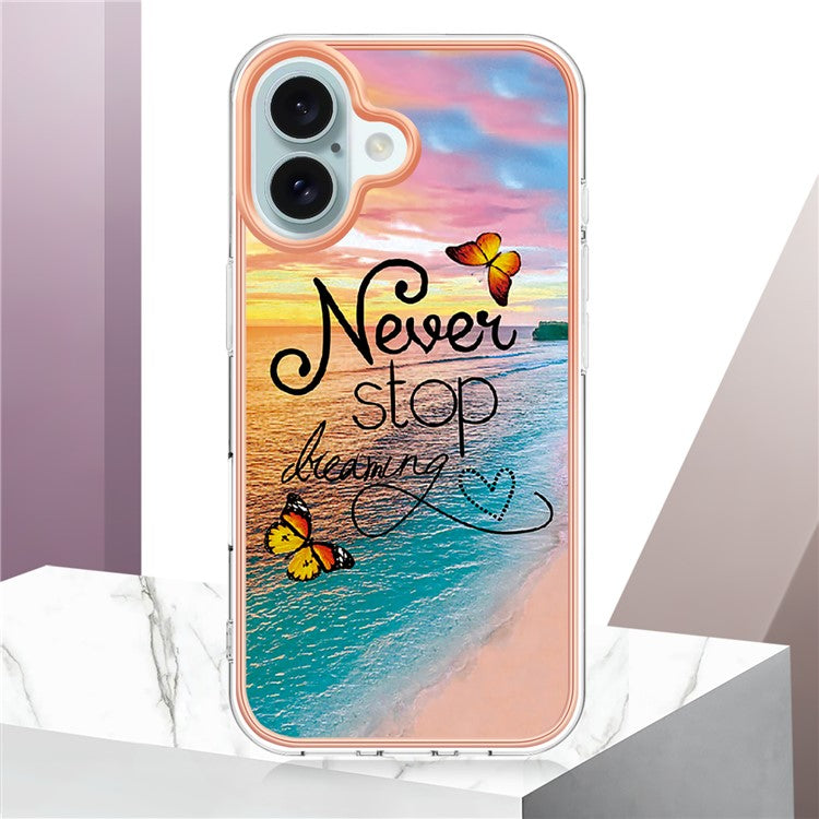 YB IMD Series-16 Style-E For iPhone 16 Case IMD Marble Flower Pattern TPU Phone Cover - Never Stop Dreaming