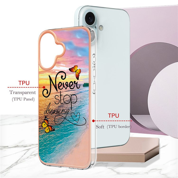 YB IMD Series-16 Style-E For iPhone 16 Case IMD Marble Flower Pattern TPU Phone Cover - Never Stop Dreaming