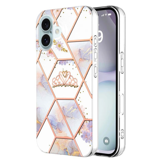 YB IMD Series-16 Style-E For iPhone 16 Plus Case IMD Marble Flower Pattern TPU Phone Cover - Crown
