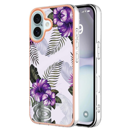 YB IMD Series-16 Style-E For iPhone 16 Plus Case IMD Marble Flower Pattern TPU Phone Cover - Purple Flower