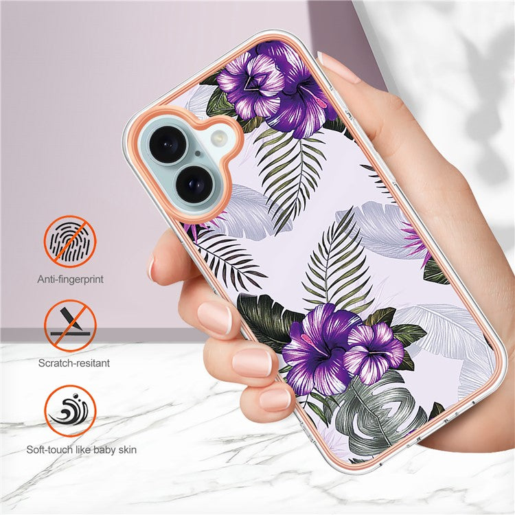 YB IMD Series-16 Style-E For iPhone 16 Plus Case IMD Marble Flower Pattern TPU Phone Cover - Purple Flower