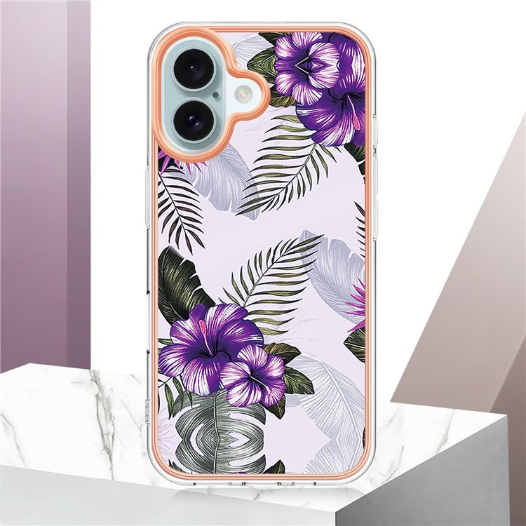 YB IMD Series-16 Style-E For iPhone 16 Plus Case IMD Marble Flower Pattern TPU Phone Cover - Purple Flower