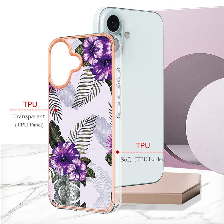 YB IMD Series-16 Style-E For iPhone 16 Plus Case IMD Marble Flower Pattern TPU Phone Cover - Purple Flower