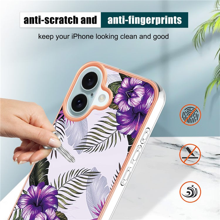 YB IMD Series-16 Style-E For iPhone 16 Plus Case IMD Marble Flower Pattern TPU Phone Cover - Purple Flower