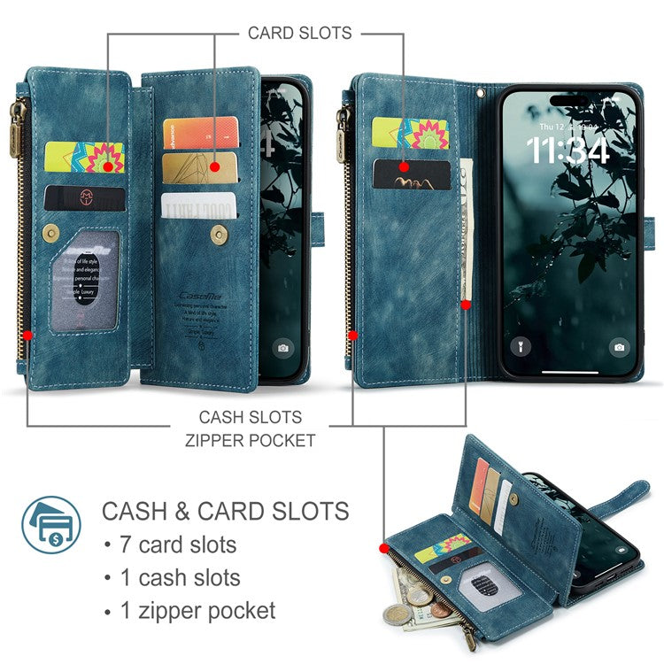 CASEME C30 Series for iPhone 16 Case PU Leather 7 Card Slots Wallet Phone Cover - Blue